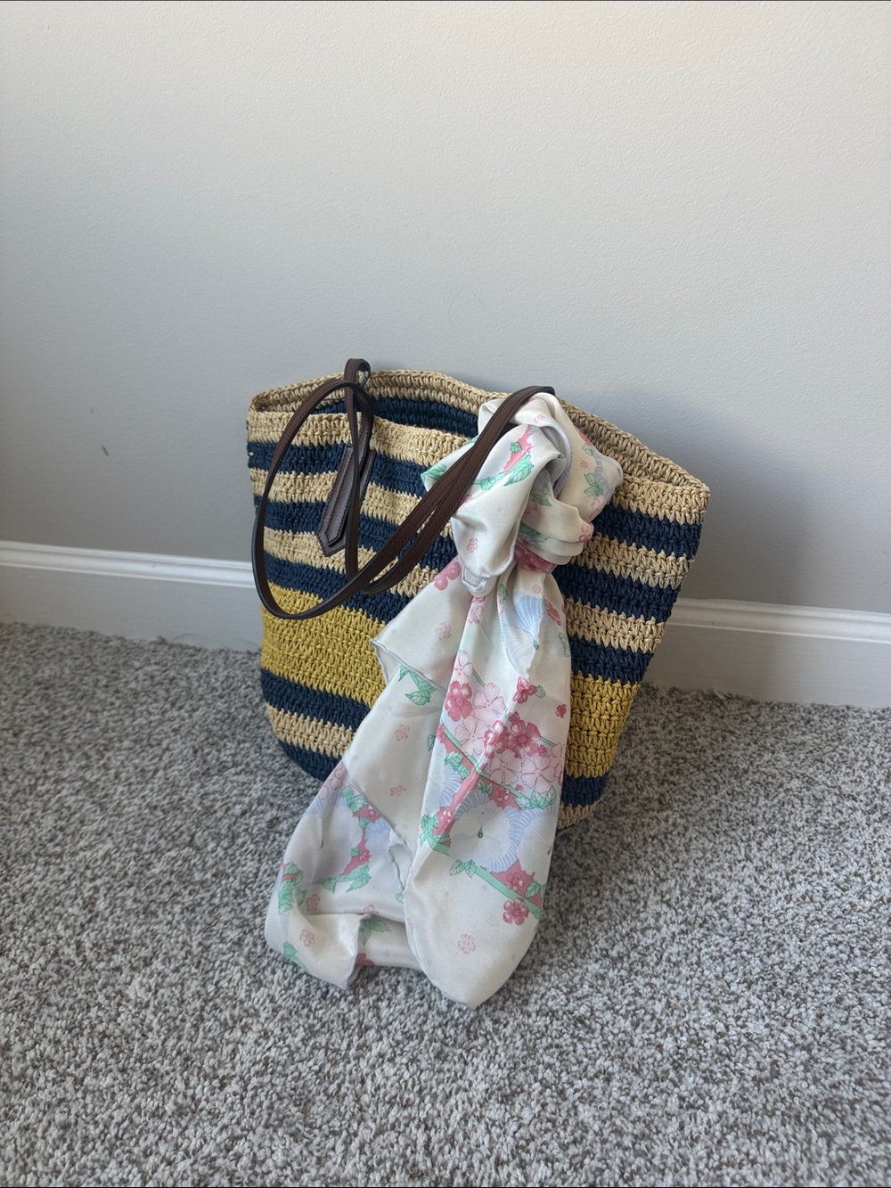 J.Crew Striped Straw Tote Bag Navy Tan Yellow Leather Handles